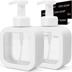 Foaming Soap Dispenser, 2 Pack 300ml (10oz) Plastic Refillable Foaming Hand Soap Dispenser with 16 Pcs Waterproof Labels, Foam Pump Bottle for Bathroom and Kitchen (White)