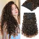 REECHO Curly Hair Extensions - 4PCS 18" GoGo Curly Clip 100% Super Protein Hairpieces with Invisible Lace Weft Silky Soft Natural Look for Women - Mixed Warm Brown with Light Ends
