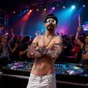sanderala Ibiza Final Boss Costume Rave Accessory Set Black Bowl Cut Wig, Goatee, Gold Chain, Fake Tattoo Sleeves & Shades Funny Fancy Dress Costume Kit for Halloween