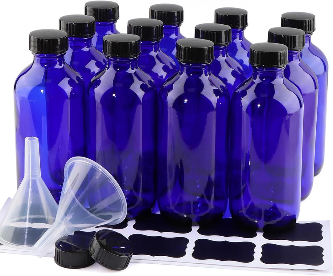 12 Pack 8 oz Cobalt Blue Glass Bottles, 240ml Boston Round Sample Bottles with Black Poly Cone Caps, Labels and Funnels