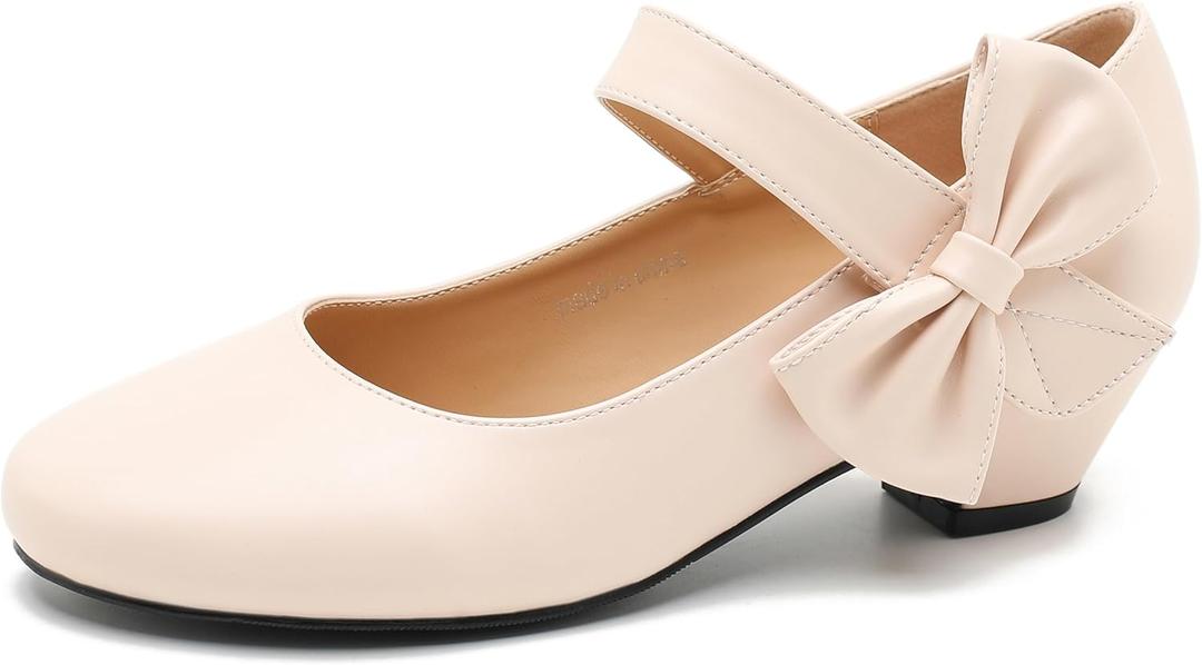 Women's Bow Mary Jane Dress Pumps, Low Block Heel with Bow, Side Bowknot, Round Toe Wedding Shoes (6, Nude Matte)