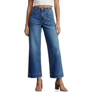 Cicy Bell Womens Cropped Wide Leg Jeans Stretchy High Waisted Trendy Baggy Denim Ankle Pants with Pockets (Blue, M)