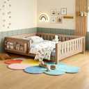 Bellemave Full Size Floor Bed Frame with Fence & Bookshelf, Solid Pinewood Montessori Floor Bed Full with Slats Load 450LBS, Low Profile Floor Bed for Kids, Bedroom, Nursery, Easy Assembly, Oak Brown