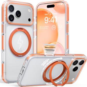 TORRAS 360 Magnetic Stand for iPhone 17 Pro Case, [Rotatable Sturdy Kickstand][Fit for MagSafe][4X Mil-Grade Shockproof] Slim Transparent Phone Cover, Camera Button, Clear Orange, Ostand O3 Fitness