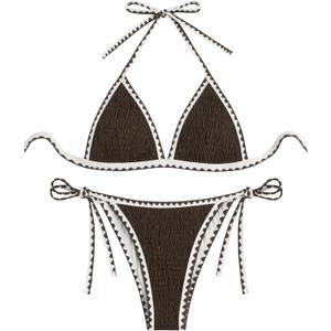 ZAFUL Women Triangle Bikini Sets Sexy Two Piece Swimsuit Halter V Neck String Bathing Suits Tie Side Swimwear 2025 (Brown, L)