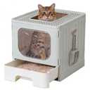 OLIXIS Cat Litter Box with Lid, Large Foldable Cat Box with Litter Scoop, Front Entry Top Exit Kitty Litter Box with Door, Easy Cleaning Drawer Design Odor Control, Grey