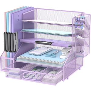 DALTACK Mesh Desk Organizer, 5-Tier Paper Letter Tray with File Holder & Pen Holder & Sliding Drawer, Desktop Organizer and Storage for Desk Accessories Office Supplies, Purple