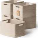 5 Pack Woven Storage Baskets for Shelves, Decorative Basket Organizer Storage Bins for Toys, Books, Clothes, Closet, Nursery, Bathroom Cotton Rope Shelf Baskets for Organizing and Decor, Khaki