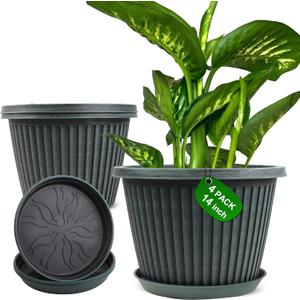 Large-Planter-Indoor-Outdoor Plant Pots, 14 inch 4 Pack Plastic Flower Pots with Saucer And Drainage Holes, Modern Garden Planters For Planting Medium Large Plants Decorative Resin Garden Pots (Blue Green)
