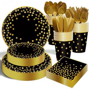 175PCS Black and Gold Paper Plates Party Supplies for 25 Guests Disposable Party Decorations Dinnerware Golden Dot Black Paper Plates Napkins Cups Gold Plastic Forks Knives Spoons for Parties