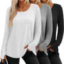3 Pack Women's Long Sleeve Tunic Tops with Thumb Holes Cotton Scoop Neck T-Shirts Casual Loose Basic Tee Blouses (XX-Large, Black, White, Gray)