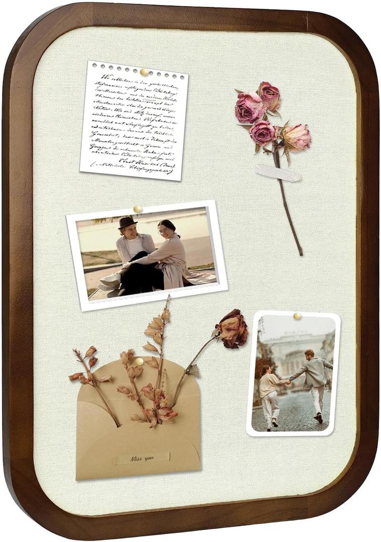 Linen Bulletin Board, Pin Board for Walls, Fabric Bulletin Board, 13"x17"Small Pin Board for Home Kitchen Office Decorative, Brown Wood Frame Cork Board(BN-3343)