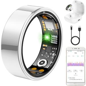 Ring Health Tracker for Women Men, Fit Ring with Heart Rate, Blood Oxygen, Sleep Monitor, Calories, Step Counter, IP68 Waterproof Smart Ring for iPhone & Android, No Subscription Fee (Silver, 6#)