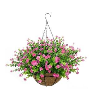 Artificial Hanging Flowers Basket, 12 UV-Resistant Bundles of Realistic Fake Flowers, Faux Plants for Outdoor Decor, Home, Garden, Porch, Patio, Spring & Summer Decorations, Blue