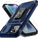 DEERLAMN Case for iPhone 14 Plus with Slide Camera Cover+Screen Protector(1 Pack), Rotated Ring Kickstand Military Grade Shockproof Protective Cover 6.7 Inch-Navy Blue
