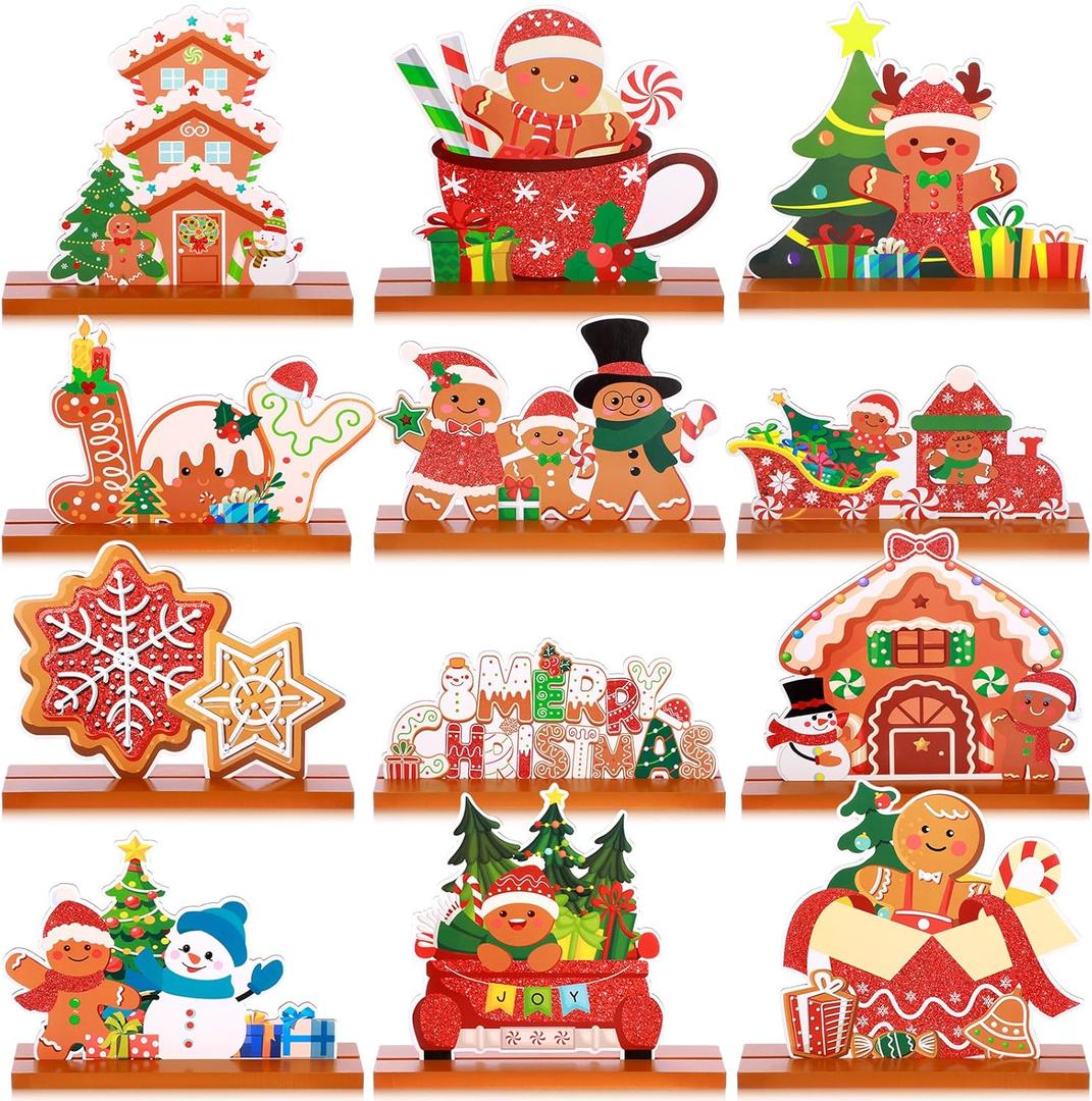 Marsui 12 Pcs Christmas Gingerbread Table Decorations Wooden Christmas Tabletop Centerpieces Duplex Printing Gingerbread Man House Snowflake Centerpieces for Holiday Xmas Dinner Party Decor, 12 Style