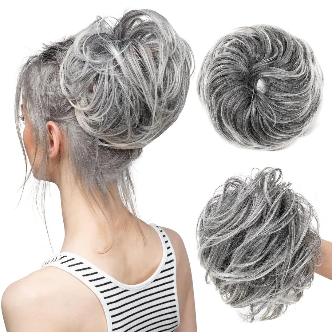 CJL HAIR Large Messy Bun Hair Piece Wavy Curly Scrunchies Synthetic Chignon Ponytail Hair Extensions Thick Updo Hairpieces for Women Salt and Pepper