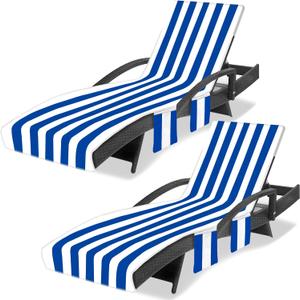 Lounge Chair Towel Cover, Beach Chair Covers (Pack of 2), Chaise Lounge Cover with 3 Pockets for Pool Beach Garden Courtyard Outdoor Trips, 85 x30 in, Striped Dark Blue
