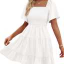 BTFBM Womens Summer Smocked Mini Dress Spring Square Neck Flutter Sleeve Casual Ruffle Swing Boho Beach Dresses Pockets (Large, White)