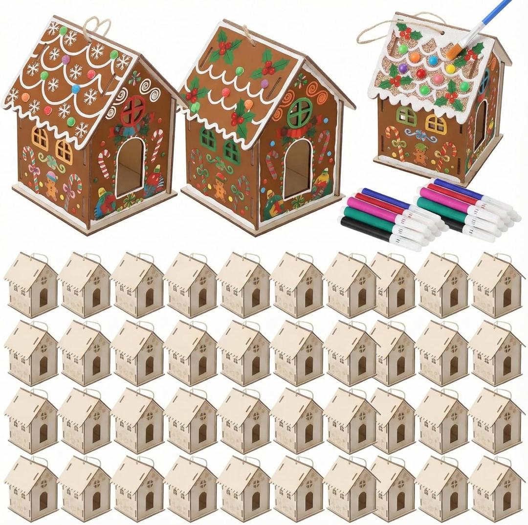DoubleFill 48 Pcs Wood Gingerbread House DIY Craft Kit for Kids DIY Christmas Village Houses for Holiday Classroom Activities with 12 Color Markers Paint Your Own Wooden Birdhouse Set for Kids Gifts