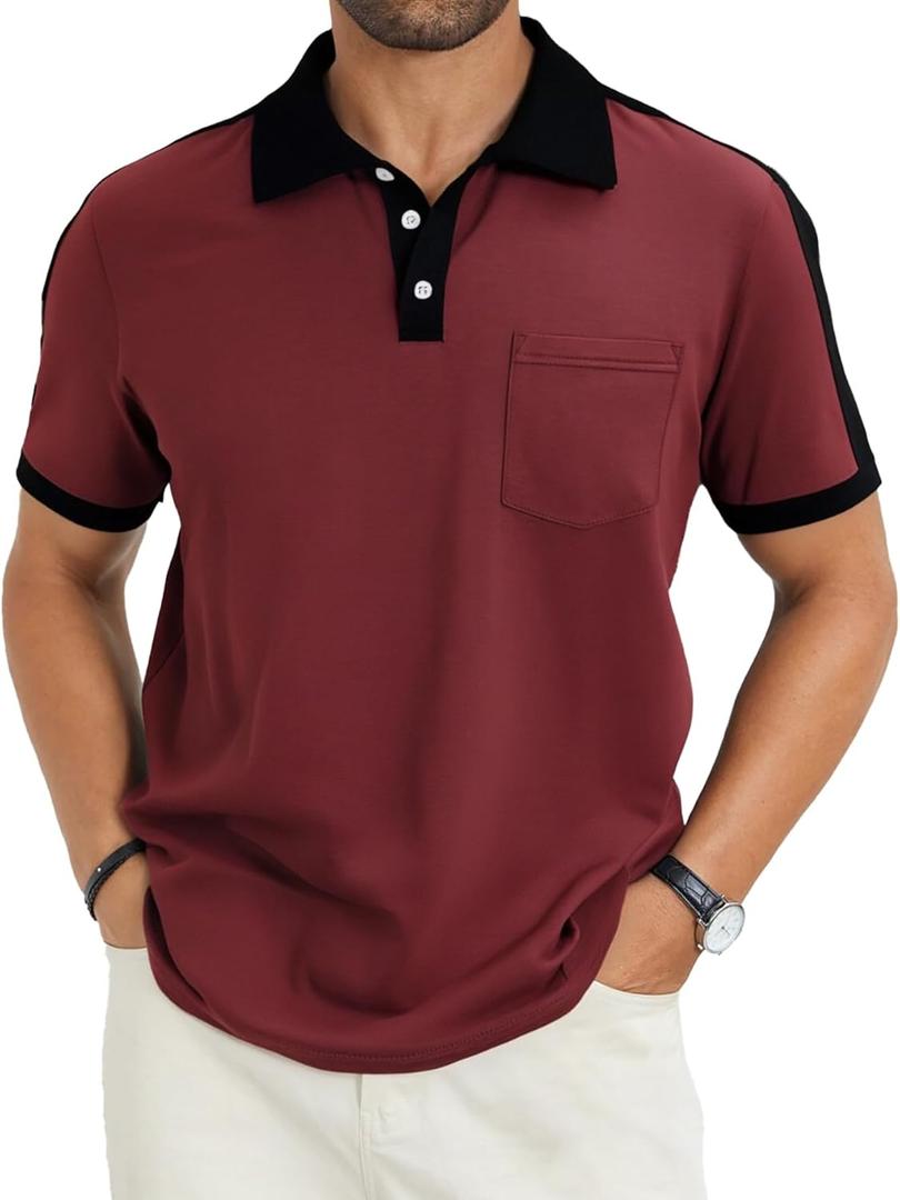 Men's Casual Polo Shirts Short Sleeve Classic Button Shirt Fashion Cotton Golf Tops with Pocket (Large, Burgundy&black)