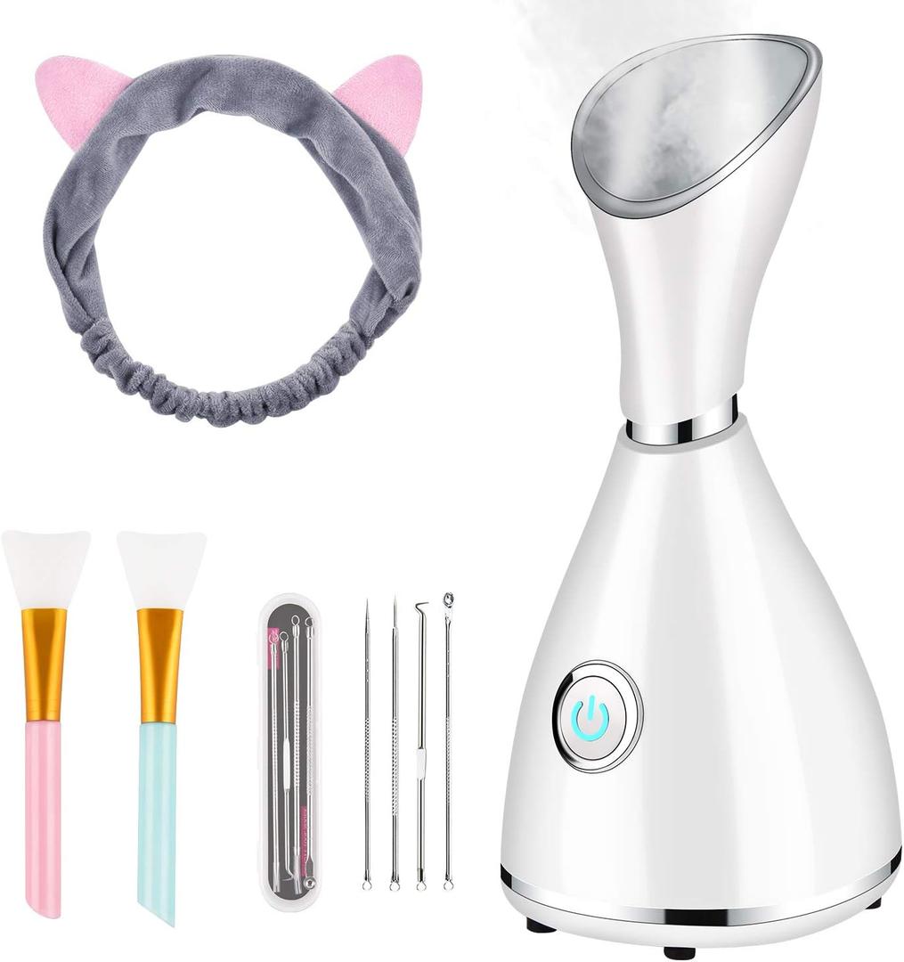 Facial Steamer for Facial Deep Cleaning, Moisturize, Unclog Pores, Face Spa, Nano Ionic Humidifier, Home Facial Warm Mist Face Steamer with Blackhead Removal Kit, Brush, Hair Band (7 Piece Set)