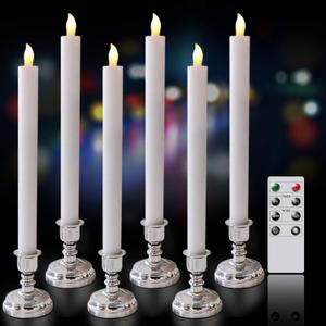 DRomance White Flameless LED Window Taper Candles Battery Operated with Remote and Timer Dimmable Flickering Light Dinner Wedding Christmas Holiday Decor LED Candles(6 Pack Silver Holder Included)