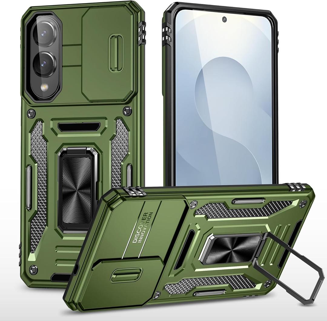 for Samsung Galaxy S25 Edge Case with All-Angle Rotating Kickstand & Sliding Camera Cover - Heavy Duty Shockproof Protective Cover, Green