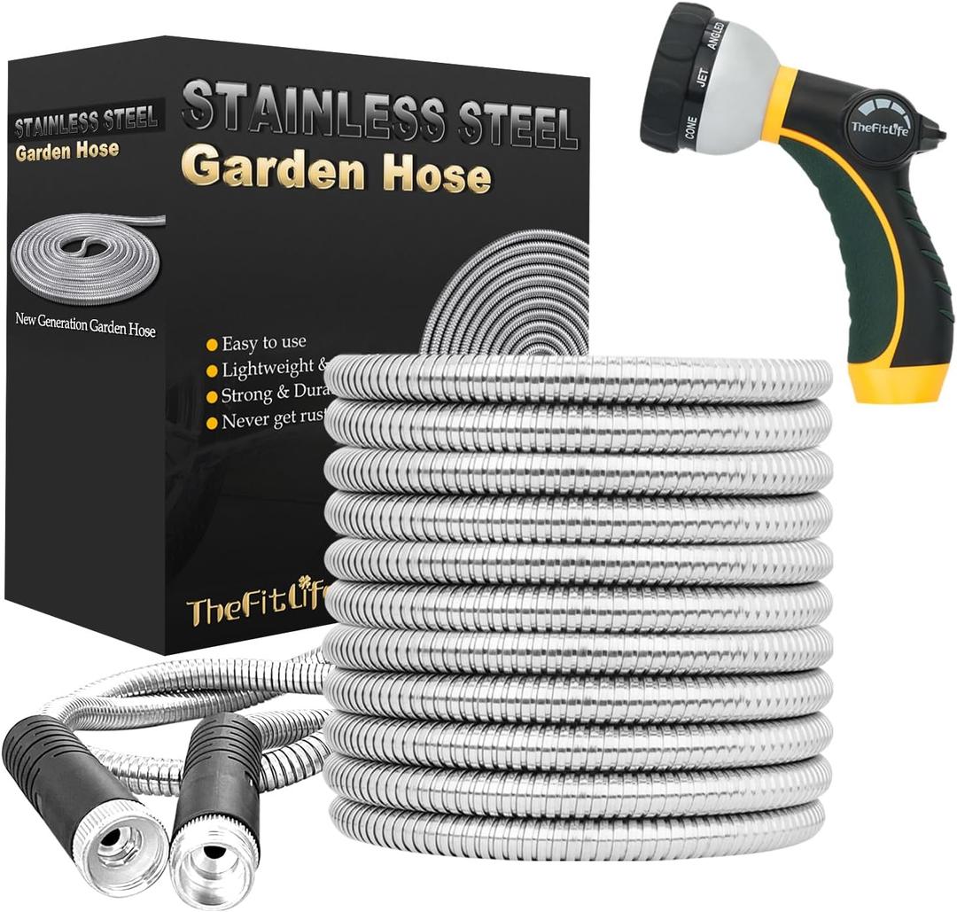 TheFitLife Flexible Metal Garden Water Hose - Upgrade Leak and Fray Resistant Design, Stainless Steel with Solid Fittings and Sprayer Nozzle, Lightweight Kink Free Durable Easy Storage (100 FT)