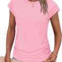 SAMPEEL Womens Summer Tops Trendy 2025 Ruched Cap Short Sleeve Tshirts Shirts Crew Neck T Shirts Fashion (XX-Large, Pink)