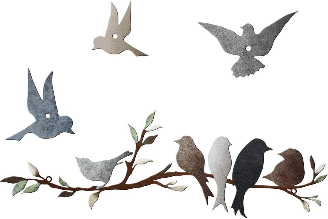 Ferraycle Metal Bird Wall Art Birds on the Branch Decor Metal Sculpture Silhouette Ornament Branch Wall Hanging Sign for Balcony Garden Home Decor(Dark Colors)