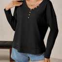 Tankaneo Womens V Neck Henley Shirts Casual Long Sleeve Flowy Tees Cute Loose Fit Tops with Pocket (Medium, Black)