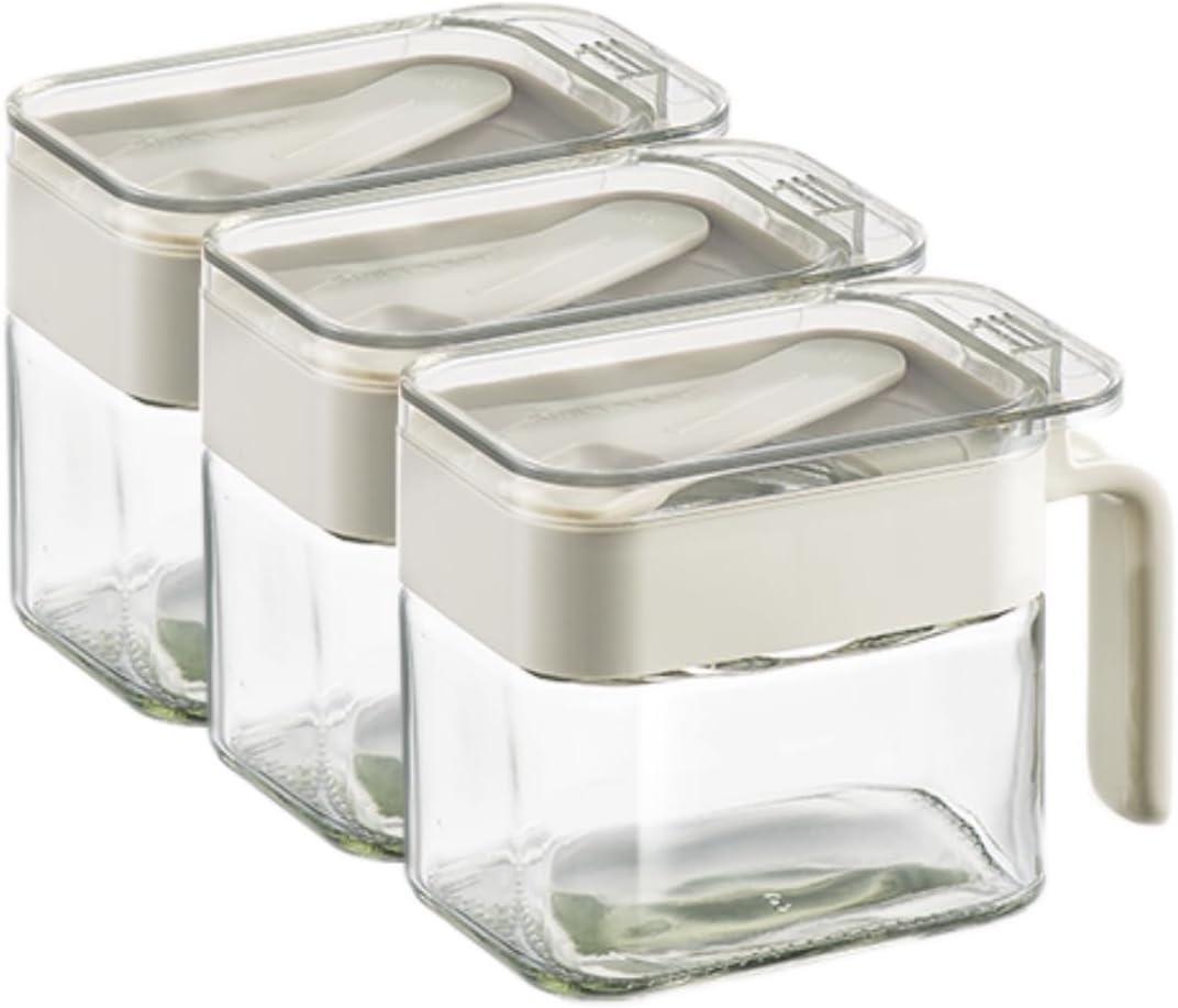 Condiment Jar Spice Container, Sugar and salt container setGlass Seasoning Box with Spoon Dustproof Lid and Handle,for Kitchen, Counter,Food Storage,10oz Set of 3(grey)