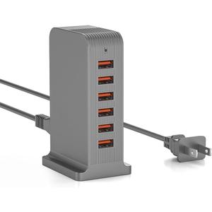 VPSUN USB Charger 6 Port 50W Multi USB Tower Charging Station for Multiple Devices iPhone 15/14/14 Pro/14 Pro Max/13 Pro/13 Pro Max/Android/Samsung/Tablet,etc (Gray, 50W)