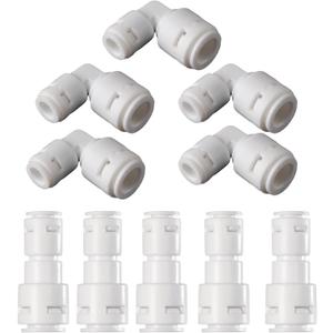 10-Pack 3/8" to 1/4" Push to Connect Fitting Kit - 5 Straight + 5 Elbow Adapters for RO Water Systems/Refrigerators | POM Quick Connect Fittings with Leak-Proof Seals
