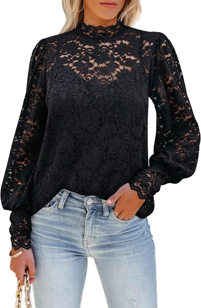 DOROSE Womens Tops and Blouses Dressy Casual Lace Floral Long Sleeve Shirts (Medium, B01- Black)