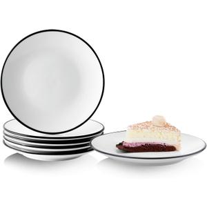 YOLIFE 6 inch Ceramic Dessert Plates, Porcelain Appetizer Plate, Small Tea Serving Dinner Side Plate for Cake Pie Snack with Black Trim, Set of 6