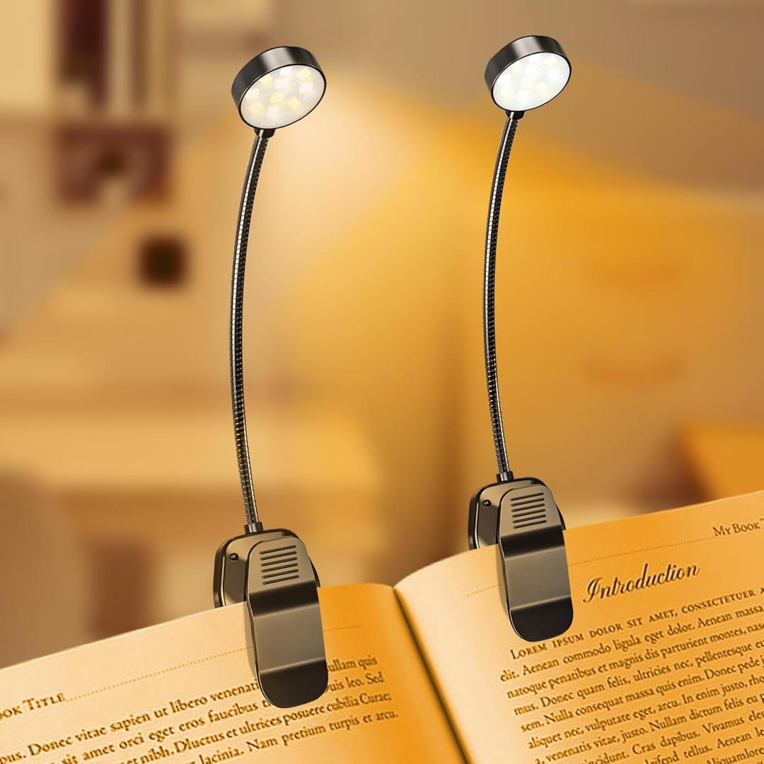 2 Pack 10 LED Rechargeable Book Light for Reading in Bed - Eye Caring 3 Color Temperatures, 3 Adjustable Brightness, Long Runtime Small Lightweight Clip On Book Reading Light for Studying (Black+Black)