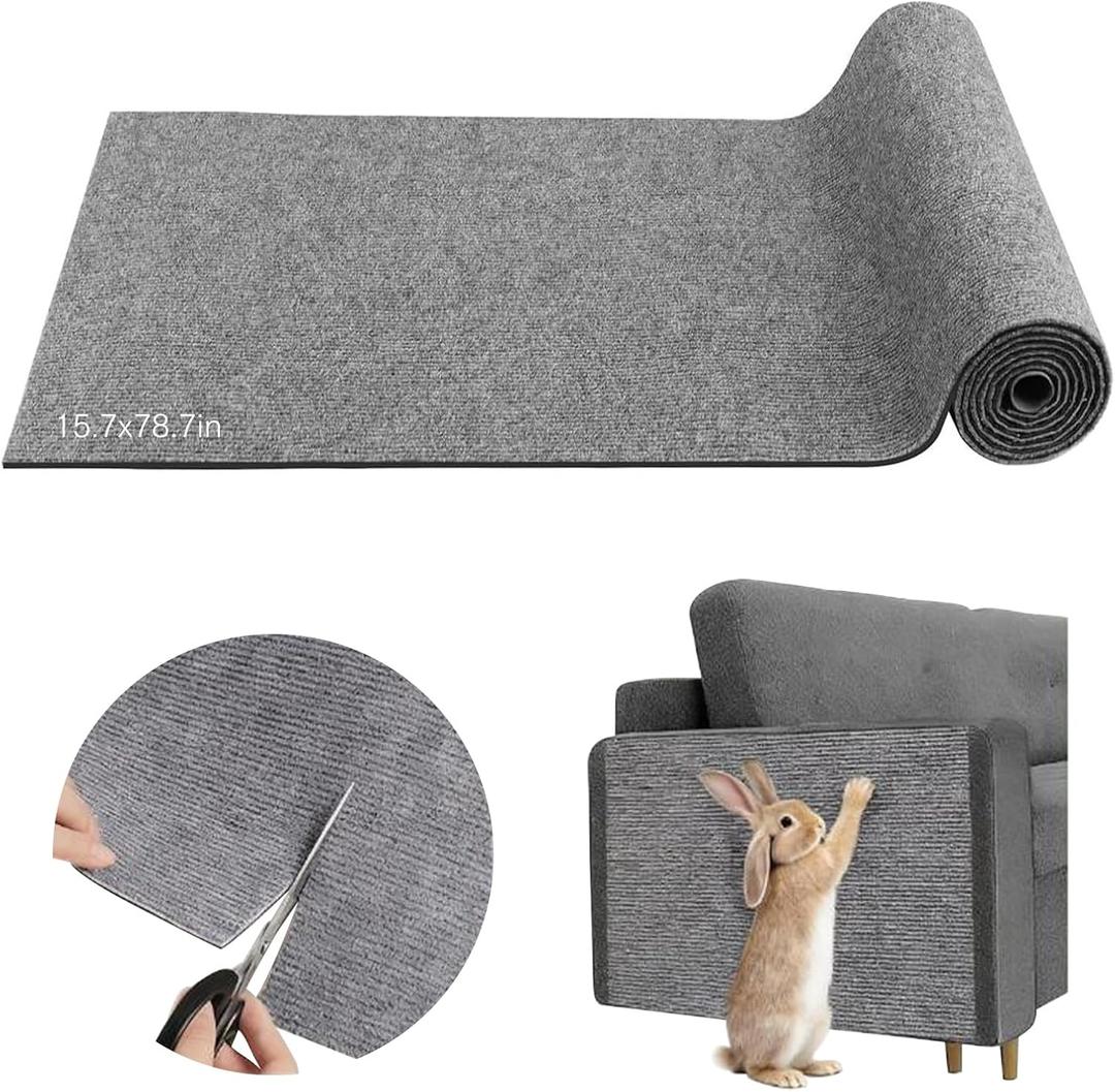 kathson 6.56ft Bunny Scratch Pad, Self Adhesive Rabbit Scratching Mat for Couch Furniture and Wall Protector, Cuttable Nail Scratcher Rug Small Animal Cage Flooring (Gray)