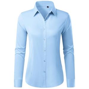 Gleeivy Button Up Shirt Women Satin No Iron Formal Dress Shirts Classic Fit Light Blue Casual Business Button Down Blouse Solid Stretchy Long Sleeve Professional Suit School. Size S
