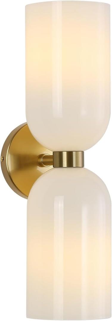 Minimalist 2-Light Gold Wall Sconces with Cylinder Glass Shades- Mid Century Vanity Wall Double Lights Hardwired- Modern Indoor Glass Wall Mounted Art Decor Lights (Milky White, 1 Pack)