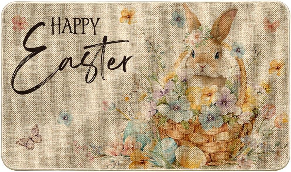 Artoid Mode Rabbit Flowers Bunny Eggs Butterfly Happy Easter Doormat, Home Decor Low-Profile Switch Rug Door Mat Floor Mat for Indoor Outdoor 17x29 Inch