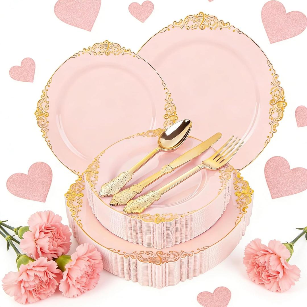 125PCS Pink and Gold Plastic Plates - Pink Disposable Plates - Vintage Plate with Gold Plastic Silverware Set for 25 Guests for Weddings Baby Shower Parties Mother's Day