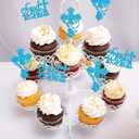 36Pcs God Bless and Cross Cupcake Toppers with Dove Glitter First Communion Baptism Cupcake Picks Decorations for Christian Baptism Theme Boys Girls Birthday Party Supplies Blue