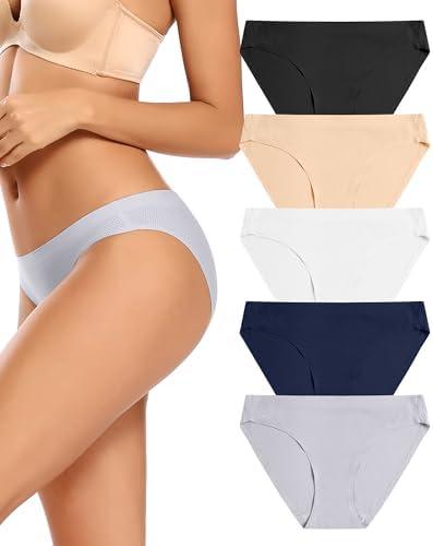 5pcs voenxe Women Bikini Underwear,Seamless Breathable Ladies Panties,No Show Comfortable Briefs Undies,Invisible Hipster, Medium