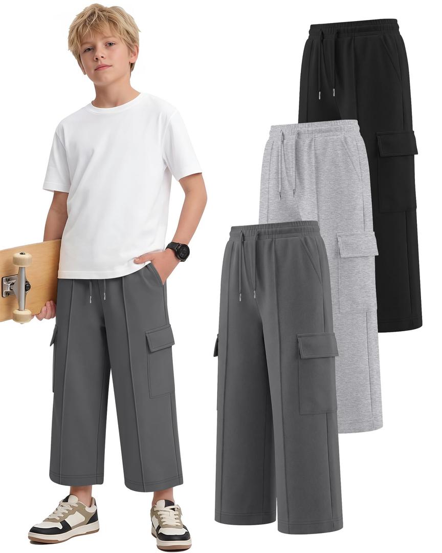 Langyiwee 3 Pack Boys Capri Pants Drawstring Elastic Waisted Teens Cargo Joggers Pull on Casual Sweatpants with Pockets(Dark Gray, Light Heather Gray, Black,13-14 Years)