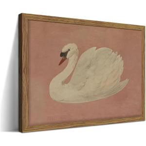 Vintage Framed Wall Art, Modern Pink Grace Swan Canvas Wall Decor Painting, Retro Animal Rustic Farmhouse Artwork Prints Pictures for Living Room Bedroom Bathroom 16x24 Inch