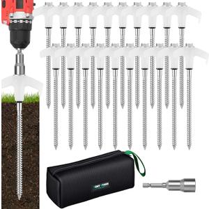 20 Pack 8" Heavy Duty Screw in Tent Stakes, Metal Camping Stakes, Drill-In Ground Anchor, Threaded Stakes for Canopies, Gardening, Yard Inflatables, with Hex Socket and Storage Bag (Luminous)
