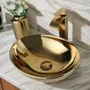 Oval Gold Vessel Sink with Faucet and Pop-Up Drain 17"x14" Bathroom Ceramic Basin Above Counter Bowl Sinks Thickened Compact Boat Shape Sinks for Small Bathrooms Vanities and Apartment Top