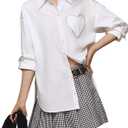 Womens Heart-Shaped Embellished Pocket Button Down Shirt Long Sleeve Top White Casual Blouse